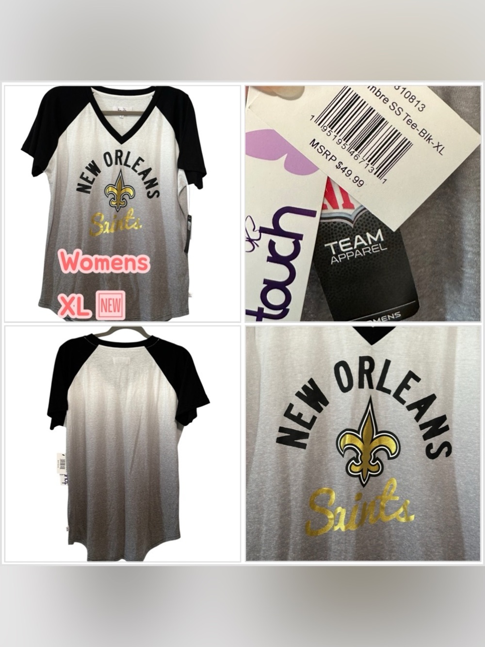 Women’s Touch XL Short Sleeve V-Neck T-Shirt Top Tee New Orleans Saints NFL Logo